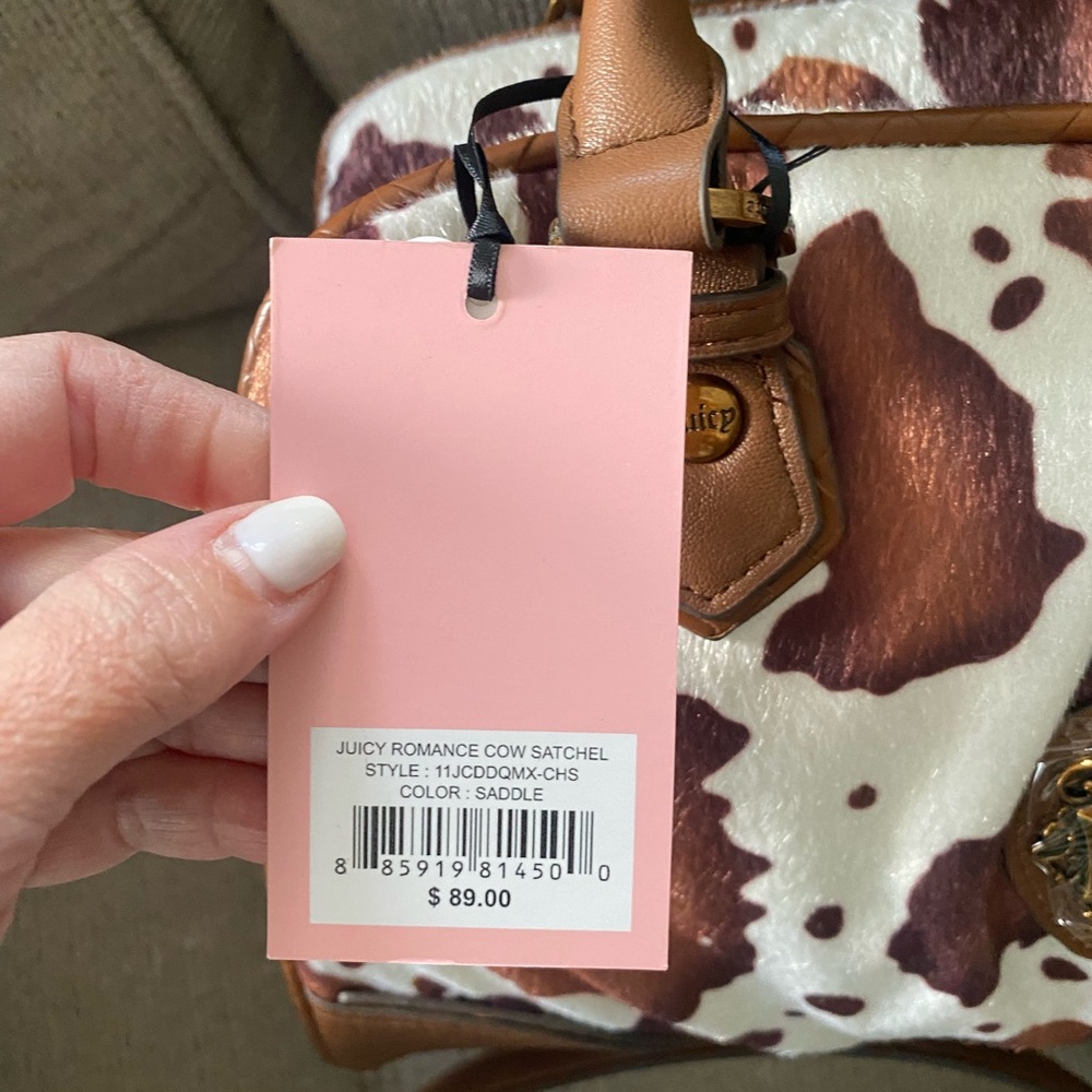 Juicy Couture Romance Saddle Brown Cow Print Bow Satchel Bag Purse - Picture 2 of 6